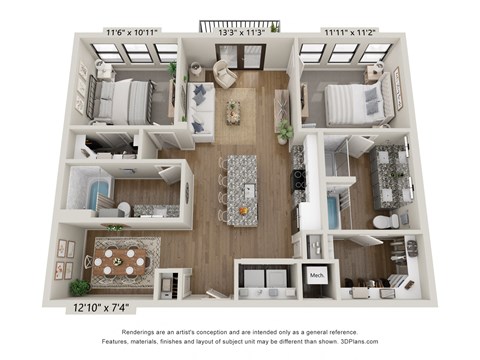 Floor plan for 2 beds, 2 baths, 1192 sqft